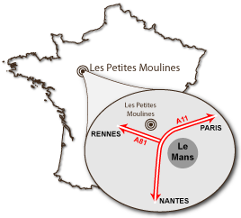 Localisation géographique du gîte "Les Petites Moulines" à DEGRÉ dans la SARTHE (72)